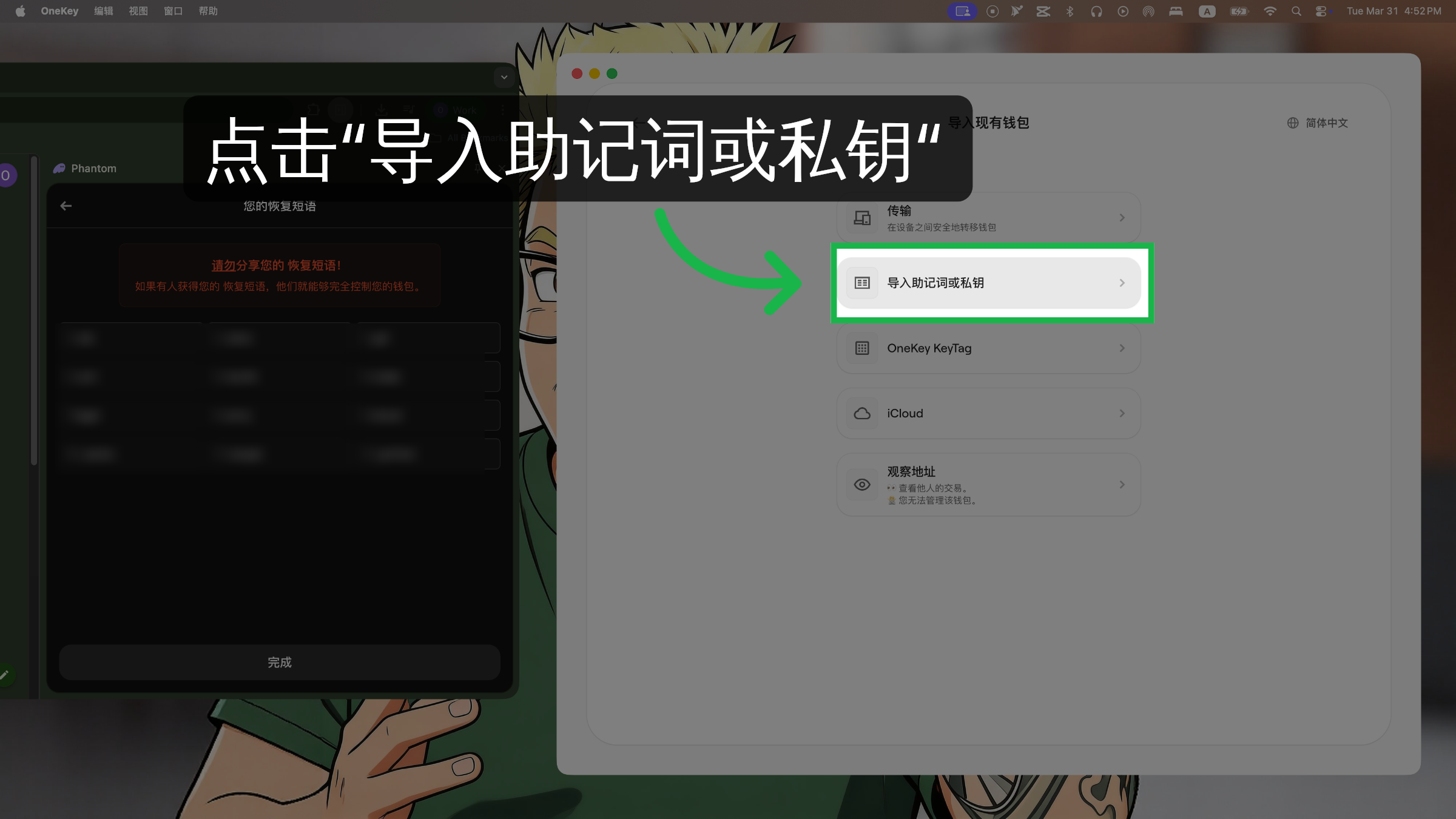 点击“导入助记词或私钥“